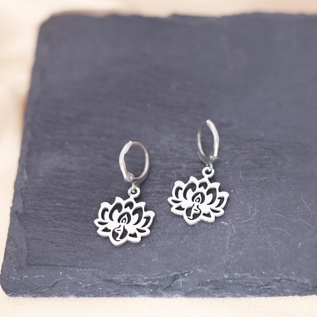 Kinitial Yoga Lotus Pendant Earrings for Women Fashion Stainless Steel Choker Buddhism Water Lily Jewelry Chain Earring Gift