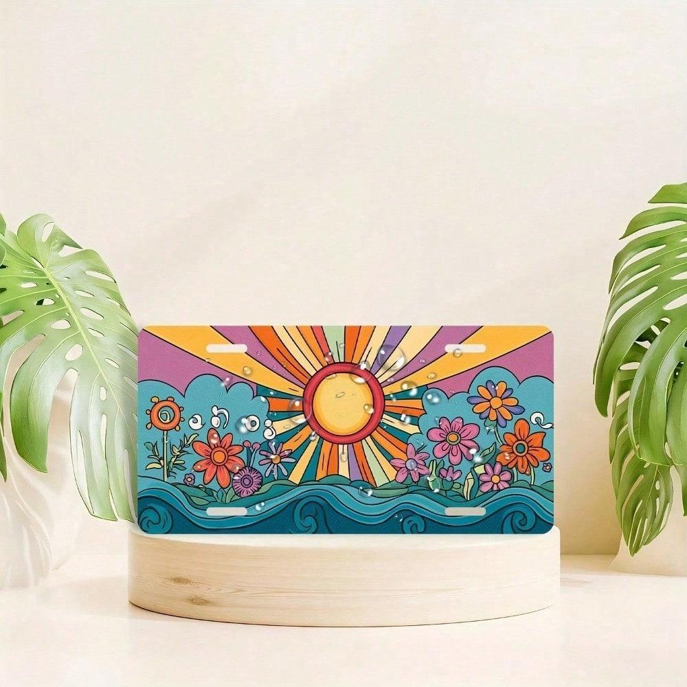 Hippie Flower Fun License Plate 5.9x11.8in for Car Truck SUV, 2D Flat Aluminum Retro Floral Auto Tag, Rustproof Metal Cover with Frame, Boho Gift