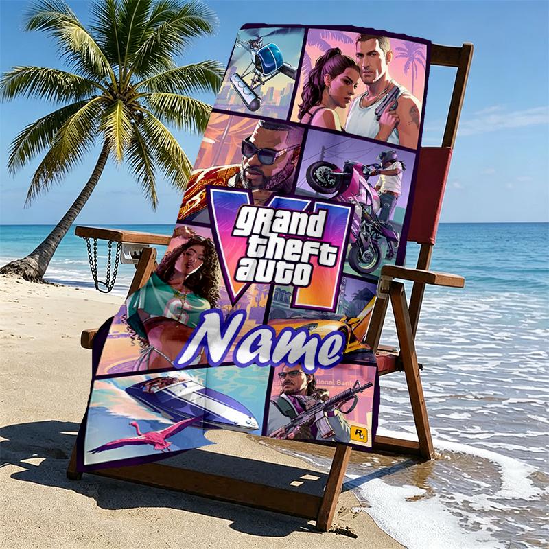 Custom Name Personalized Grand Theft Auto VI Print Beach Towel, for Trip Camping Beach Party Home Decor, Birthday Gift for Family & Friends