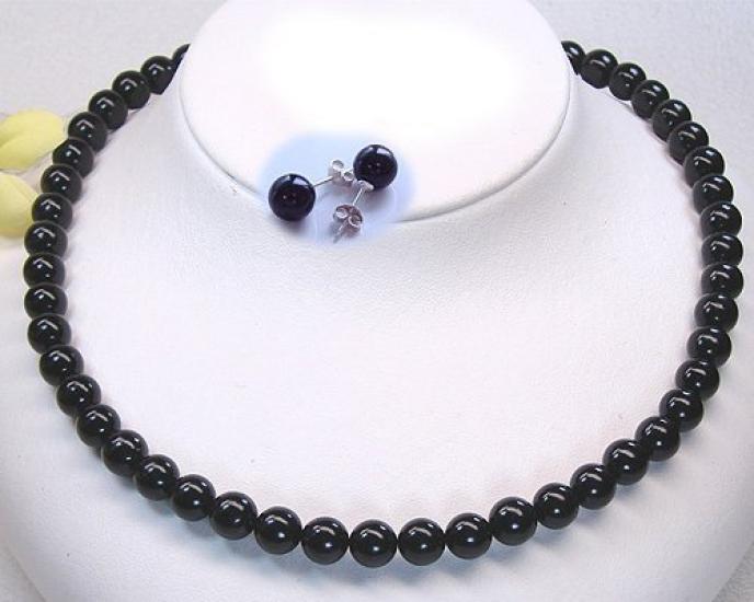 [Your and My Jewelry Box] Jet Black Necklace and Earring Set, 8.0mm Black