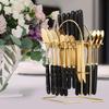 24pcs Mixed Cutlery Set Stainless Steel Ceramic Handle Tableware Dinnerware Set with Storage Stand-Knives/Spoons/Forks/Teaspoons for Family