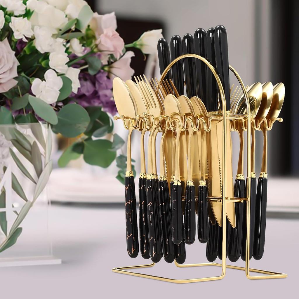 24pcs Mixed Cutlery Set Stainless Steel Ceramic Handle Tableware Dinnerware Set with Storage Stand-Knives/Spoons/Forks/Teaspoons for Family