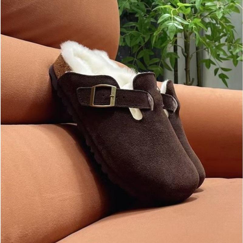 Design Women Slippers Fur Flats Short Plush Mules Shoes Women Buckle Soft Sole Cotton Shoes Suede Home Warm Slippers
