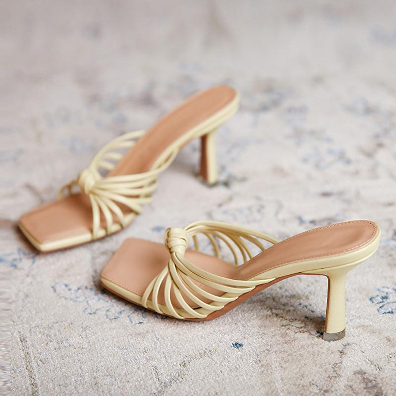 New Design Knot Pleated Leather Women Slippers Low Thin Heels Gladiator Sandals Fashion Square Open Toe Party Dress Shoes