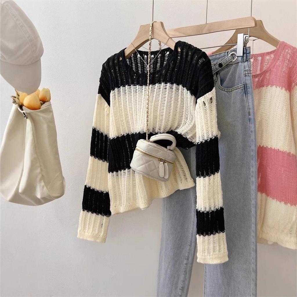 Striped Knitted Sweater Hollow Out for Women Hollow Out Loose Sunscreen Shirt