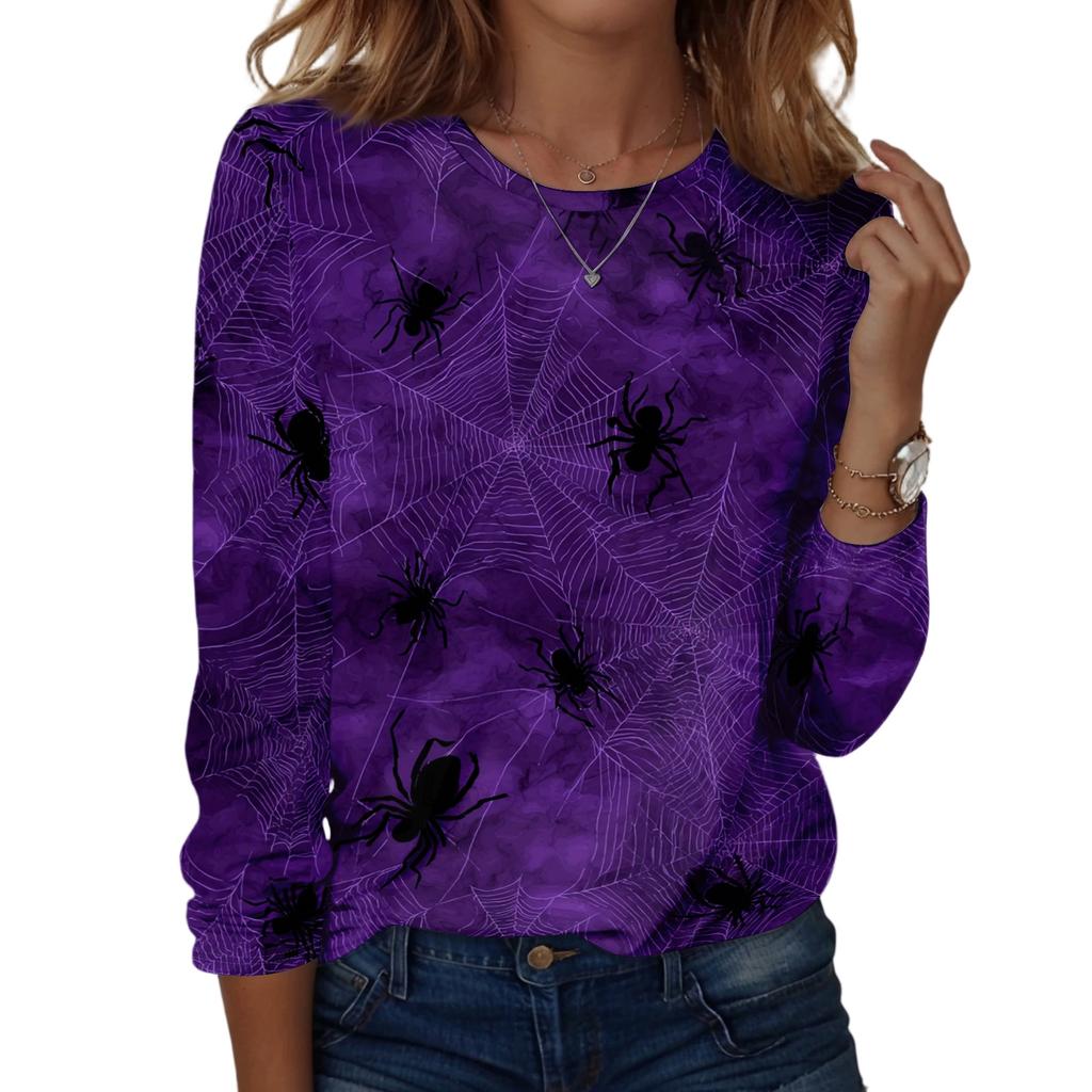 Women's Casual Long Sleeve Pullover Sweatshirt Halloween Pumpkin Print Round Neck Top Lightweight Comfortable Fit