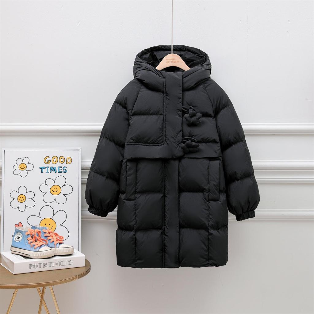 2025 Winter Girls' Warm Mid-Length Solid 90% White Duck Down Puffer Jacket