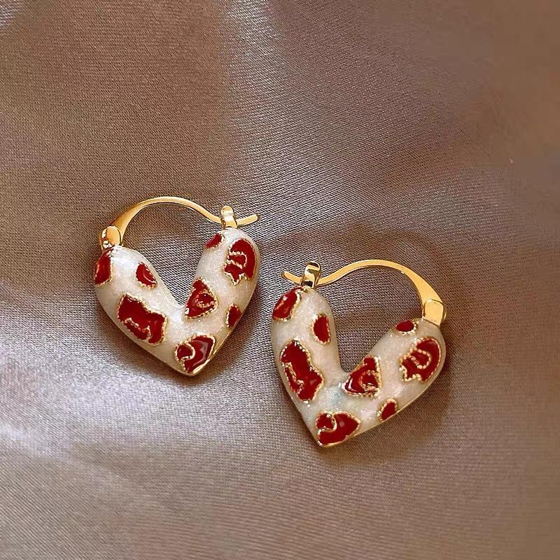Trendy Red Enamel Heart Hoop Earrings For Women Girls Korean Elegant Love Dangle Earrings Jewelry Gift