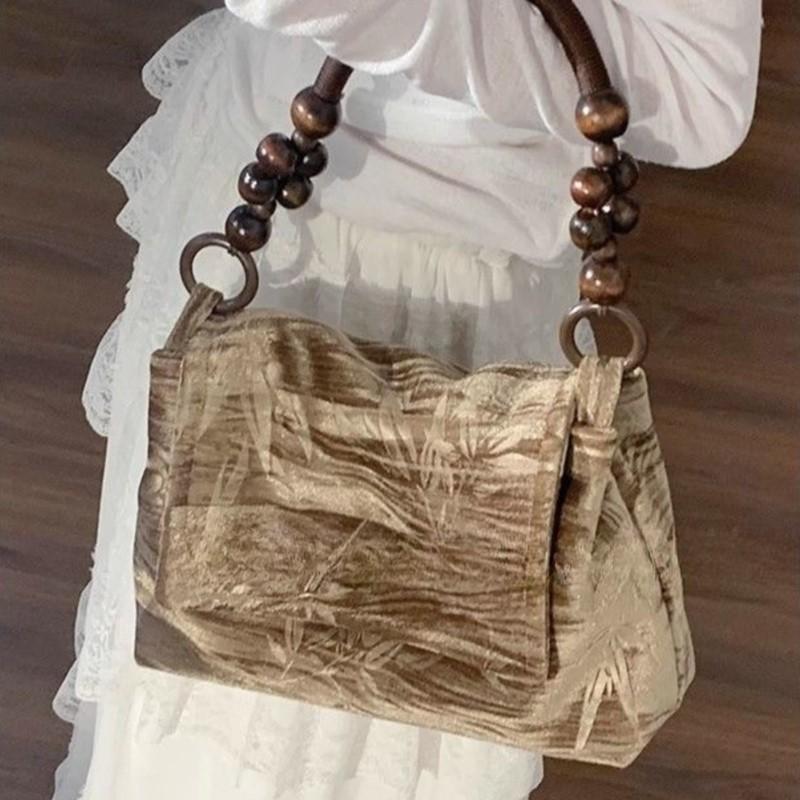 Retro Velvet Beige Handbag Women Beaded Handle Square Large Capacity Shoulder Bags Ladies Elegant Gentle Versatile Underarm Bag