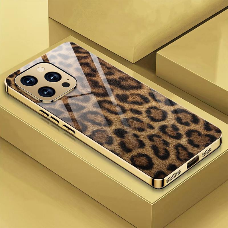 New Bright Electroplating Tempered Glass Back Leopard-Print Pattern Phone Case for Iphone 17 Air 16 Pro Max 15 14 Plus 13 12 11
