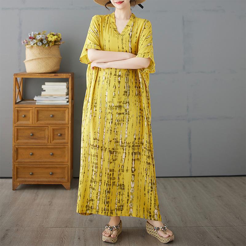 Dimanaf Plus Size New 2025 Women Summer Dress Basic V-Neck Beach Casual Long Fashion Printing Loose Dress