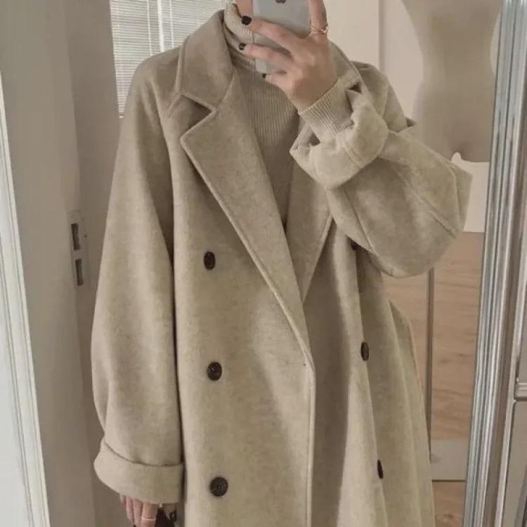 Women's Woolen Coat Mid Length Hepburn Style Autumn Winter Loose Thickened Small Size 2024