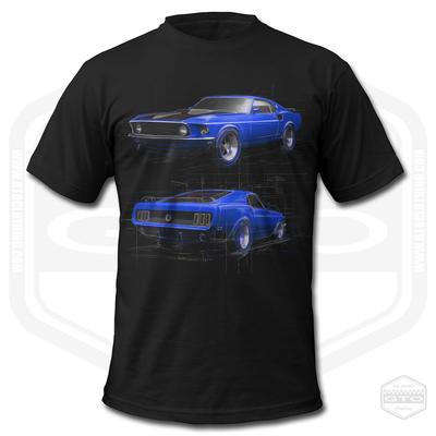 T-shirt Bleu Concept Mustang 1968 Homme Fan Art Voiture Pony Américaine