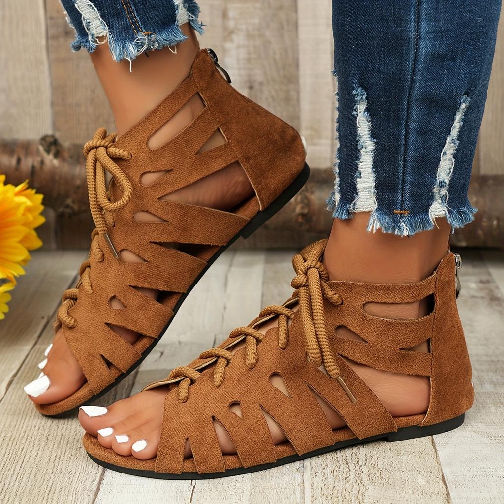 Nuove Sandali da Donna alla Moda Taglie Forti, Piatte, con Lacci, Punta Aperta, Colore Unito, Estate, Stagione Unica, Calzature Comode per Tutti i Giorni