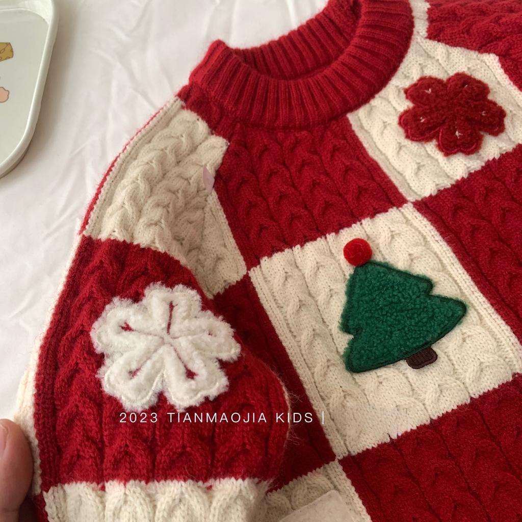 Kids Red Round Neck Knit Sweater with Bear Print for Autumn Winter Christmas