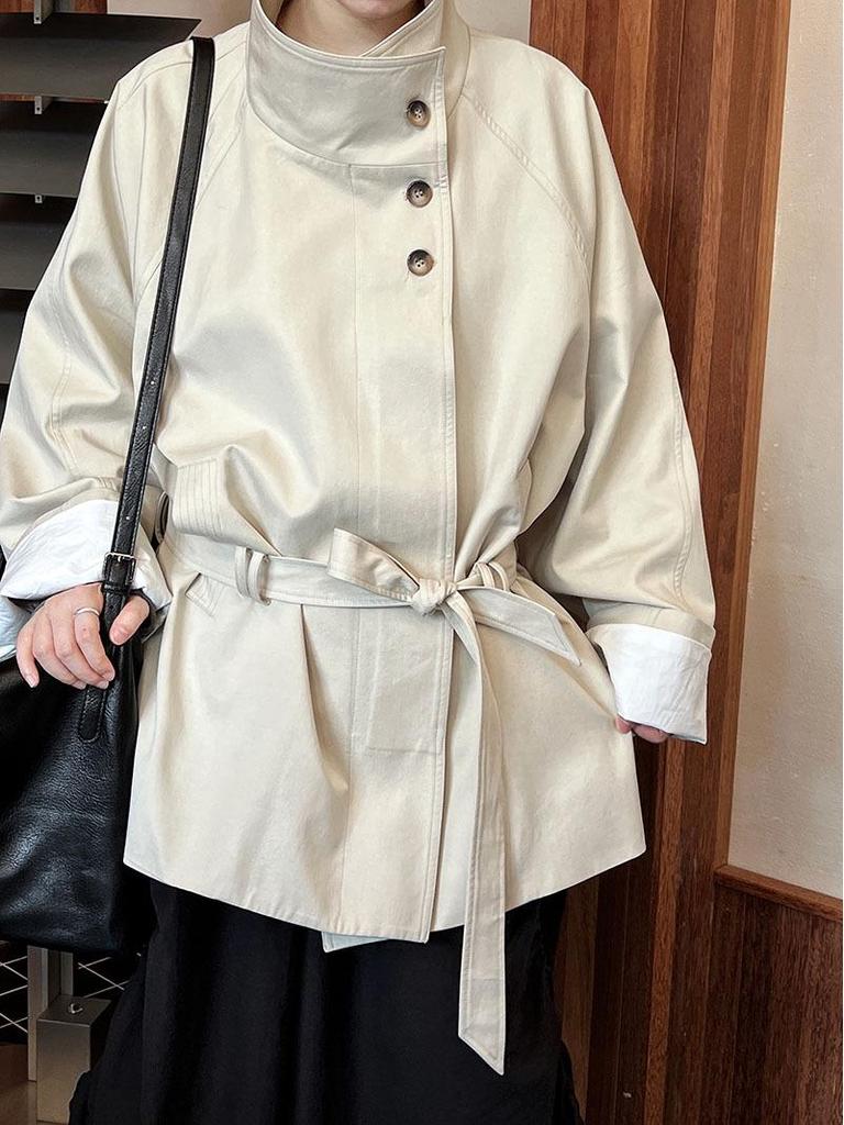 Luxi Women's 2024 Autumn Slimming Trench Coat with Stand Collar & Drawstring