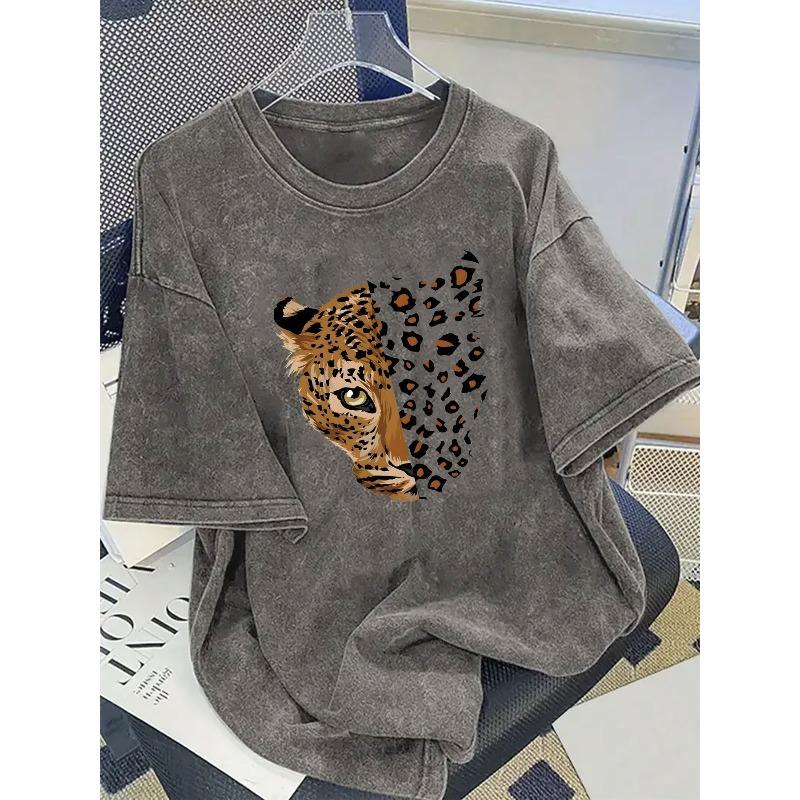 European sizes Men'S Retro Washed Leopard Print Letter Pattern T-Shirt - Casual Nostalgic Short Sleeve Crew Neck Top