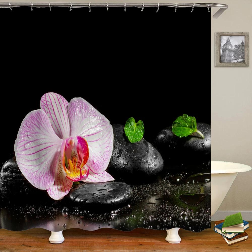 3D Flower Bamboo Pebble Water Green Plant Shower Curtain Waterproof Polyester Curtain Home Decoration Shower Curtain Zen Curtain