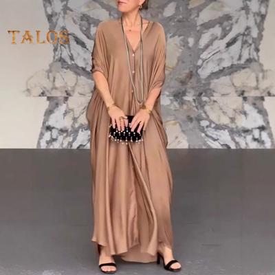 Vestido Maxi Feminino Decote em V Carcela Abotoada Mangas Morcego Vestido Camisa Cor Sólida Corte Solto Cetim Vestido Casual