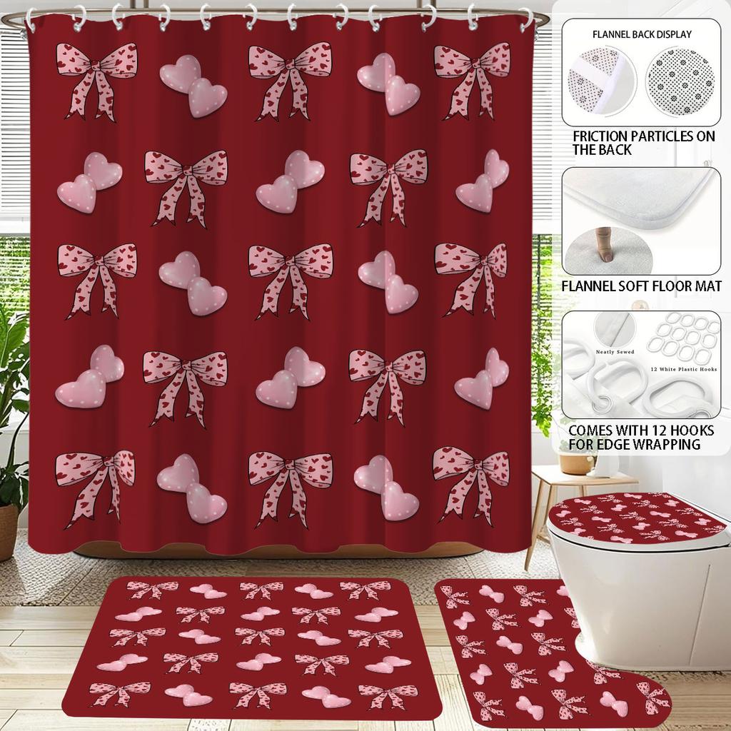 4pcs Valentine's Day Romantic Red Bow Printed Bathroom Set Waterproof Shower Curtain Floor Mat Toilet Mat U-Shaped Mat