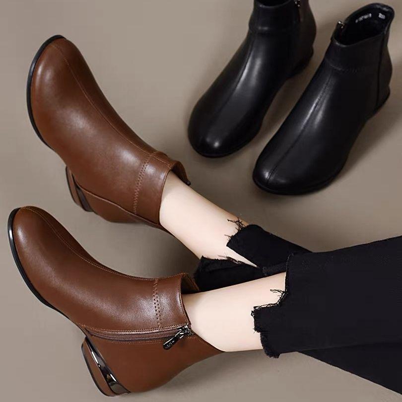 Cuir Talons Moyens Chaussures d'Hiver Mère Classiques Bottines Chelsea Bout Carré Fermeture Éclair Concises Rencontres Bottines