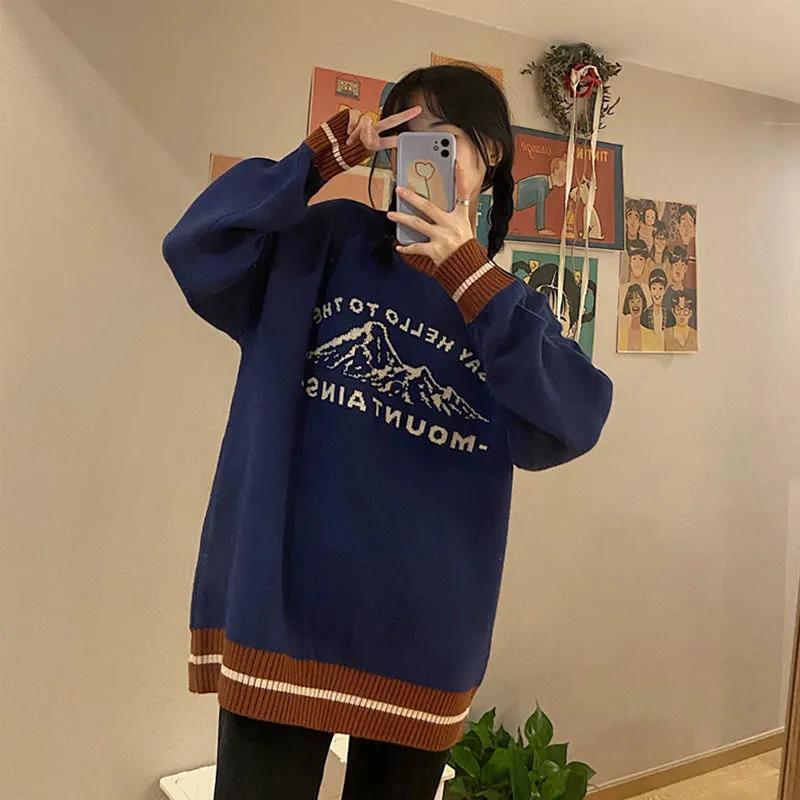 

Mountain Letter Jacquard Women s Sweater Round Neck Knitted Long Sleeved Pullover Warm Winter Fashion Loose Woman Casual Top Onesize синий