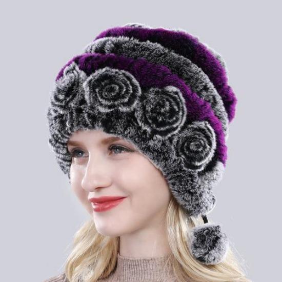 Hot Sale Winter Women Flowers Striped Natural Real Rex Rabbit Fur Hats Lady Warm Knit Genuine Fur Caps Russian Outdoor Fur Hats