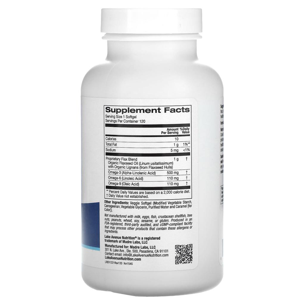 Cold-Pressed Flaxseed Oil with Lignans, Veggie Softgels, 120 Count (1G/Softgel)