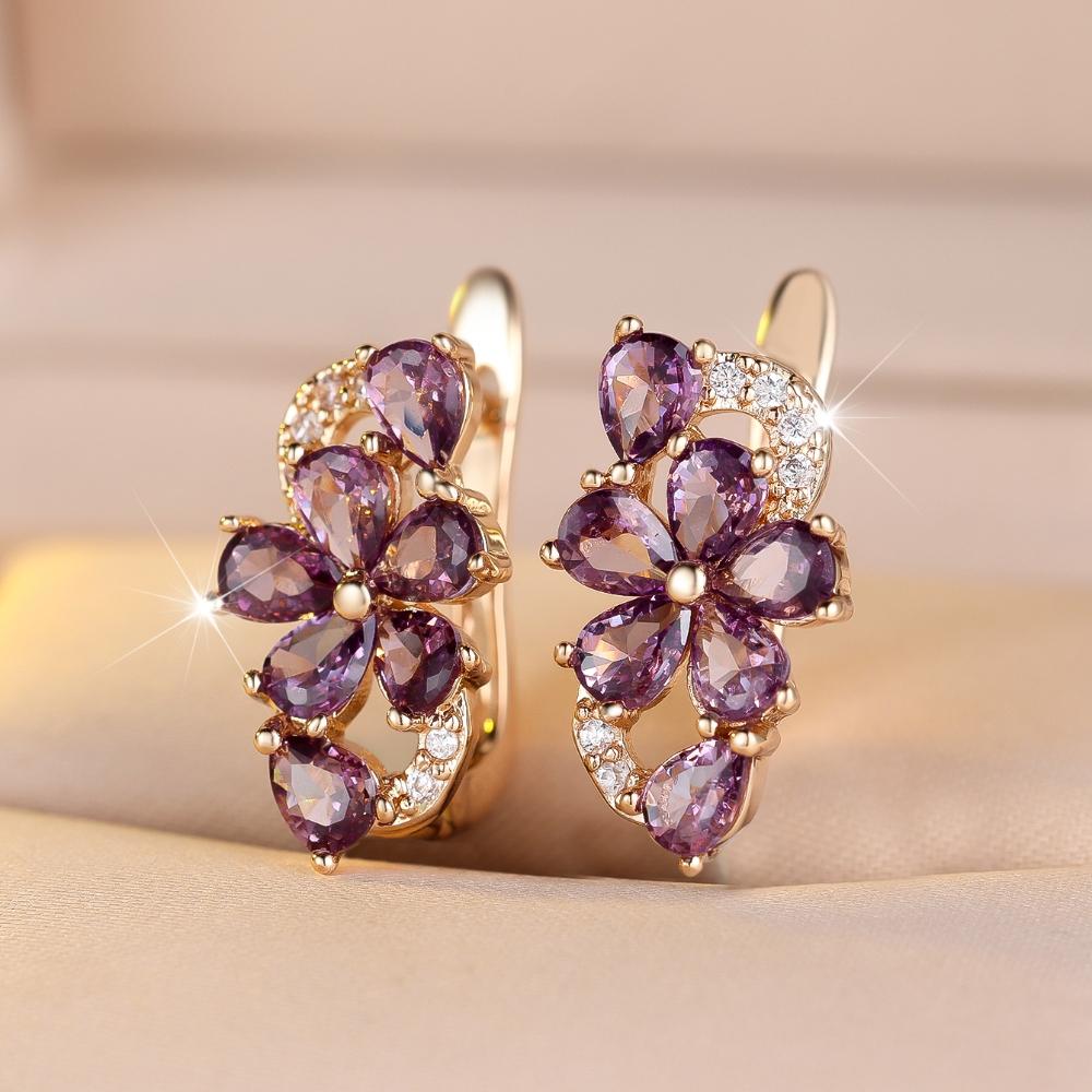 Exquisite Blue Green Purple Pink Zircon Flowers Drop Earrings for Women Gold Color Wedding Party Jewelry Gift