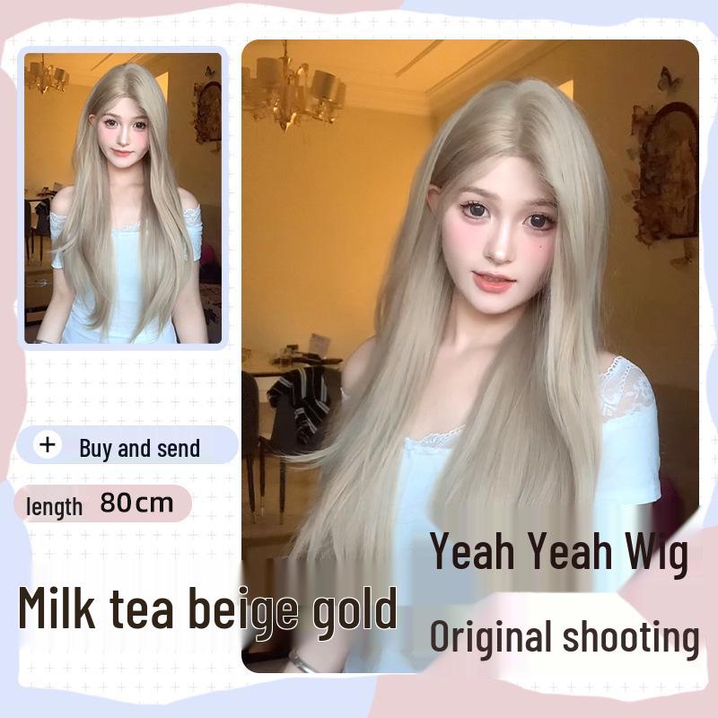 Yeye Korejská Lolita Šedá Zlatá Krajková Paruka - Dlouhé Rovné Vlasy pro Ženy