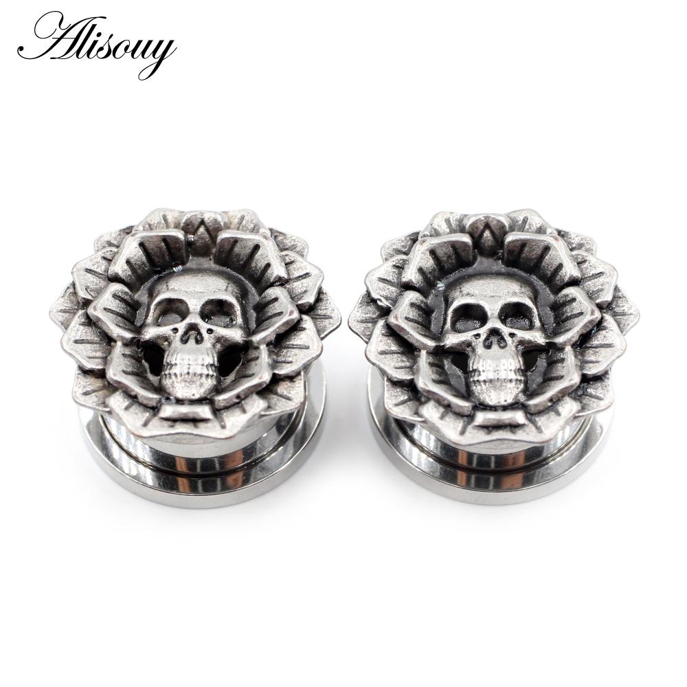 Alisouy 2 Stück 6–25 mm Retro-Edelstahl-Schädel-Blume, abschraubbar, Ohrtunnel, Plugs, Expander, Keilmessgeräte, Körperpiercing-Schmuck