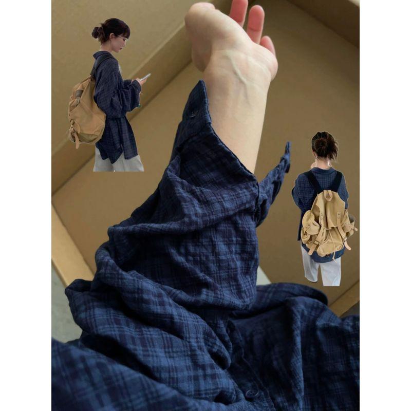 

American vintage Stripe Plaid Shirts Women 2025 New Popular Top Design Sense Niche Long sleeve Shirt Outerwear Dark blue S