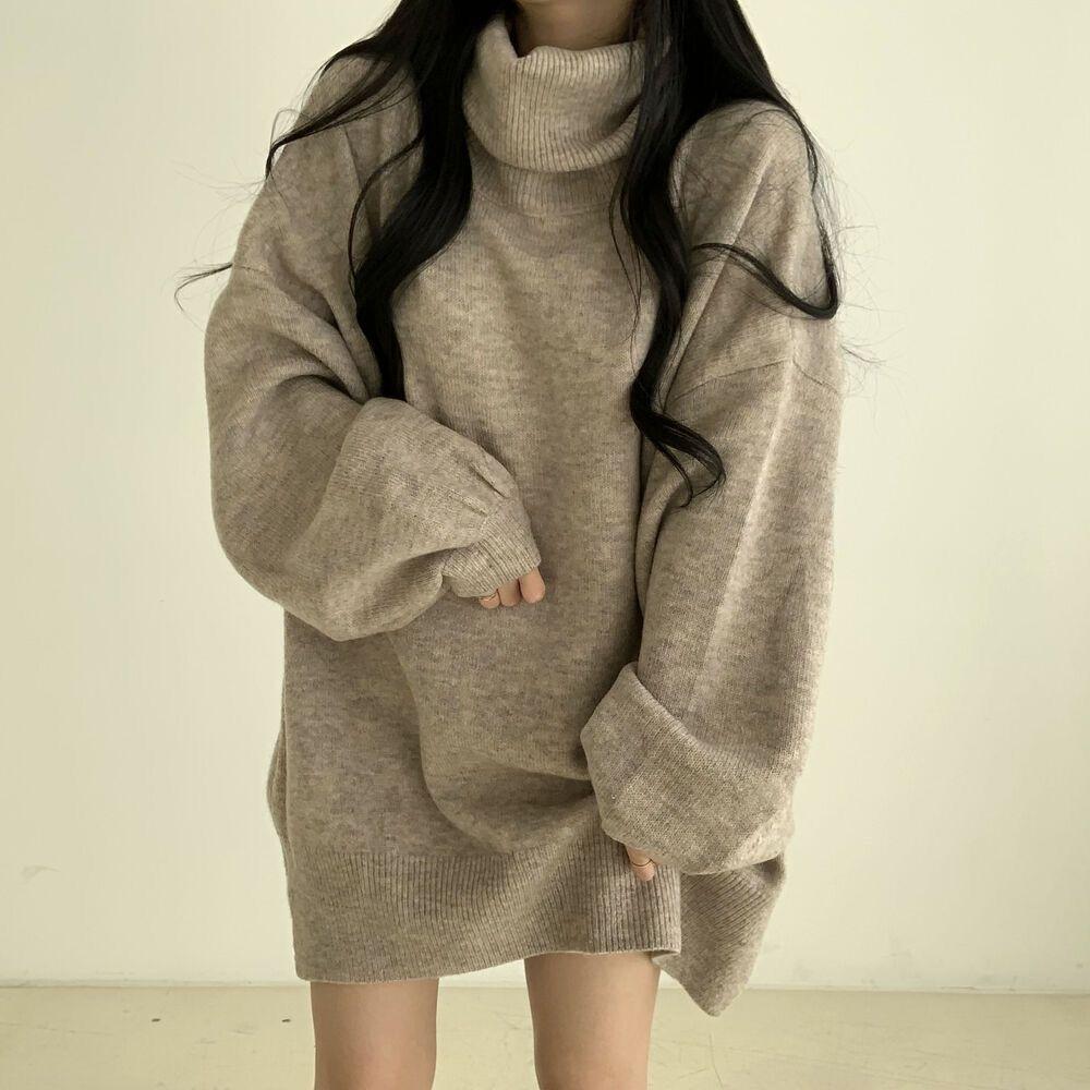 

Корейский трикотаж, свитер с высоким воротом, вязаный свитер для женщин, свободные длинные свитера, женские свободные повседневные теплые джемперы для женщин L бежевый