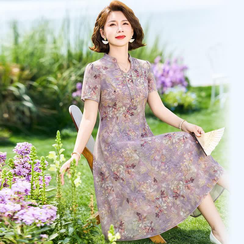 Elegant New Chinese Style Floral Chiffon Midi Dress 2XL