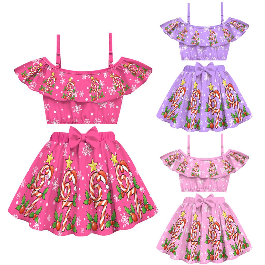 20757 Kids Girls Steal a Brainrot 67 Print Swimsuit Swimwear Top Skirt Sets