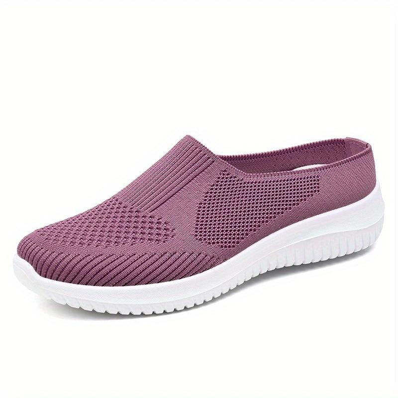 Women's Plus Size Half Slippers, Flying Woven Shallow Mouth Slip On Shoes, Breathable Casual Daily Ladies Flats