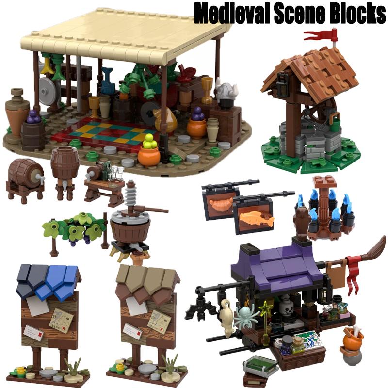 MOC Medieval Street View Scene Building Blocks Castle Bedroom Crossbow Siege Hammer Bulletin Board Sign Laboratory Bricks Gifts