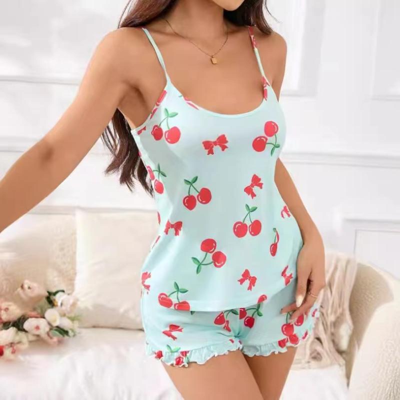 Summer New Women's Pajama Set Breathable Soft Casual Print Cami Top and Ruffle Shorts Sweet Home Strap Shorts Pajamas