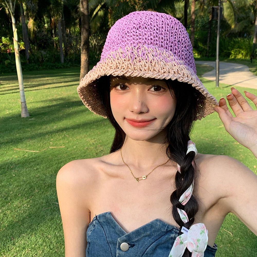Handmade Women's Straw Hat Travel Bucket Hat Korean Beach Straw Cap  Outdoor
