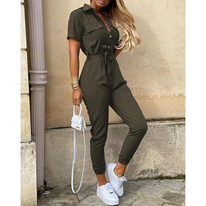 Summer Women's Trousers Casual Lapel Button Print Belt Cargo Jumpsuit