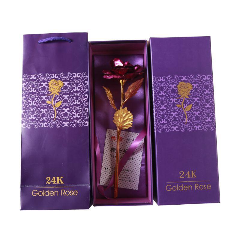 Gold Rose 24K Gold Leaf Rose Simulation Bouquet Creative Christmas Valentine's Day Birthday Gift Factory Wholesale Purple Flower + Purple Box Set