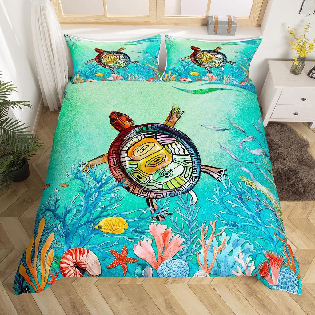 3D Octopus Sea Turtle Duvet Cover Retro Sailboat Crab Reptile Bedding Set Marine Mediterranean Style Jellyfish Comforter Cover