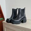 Fashion Four Seasons Block Heel Platform Single Boots Women's Square Toe Side Zip Anti-Slip Wear-Resistant Short Shoes