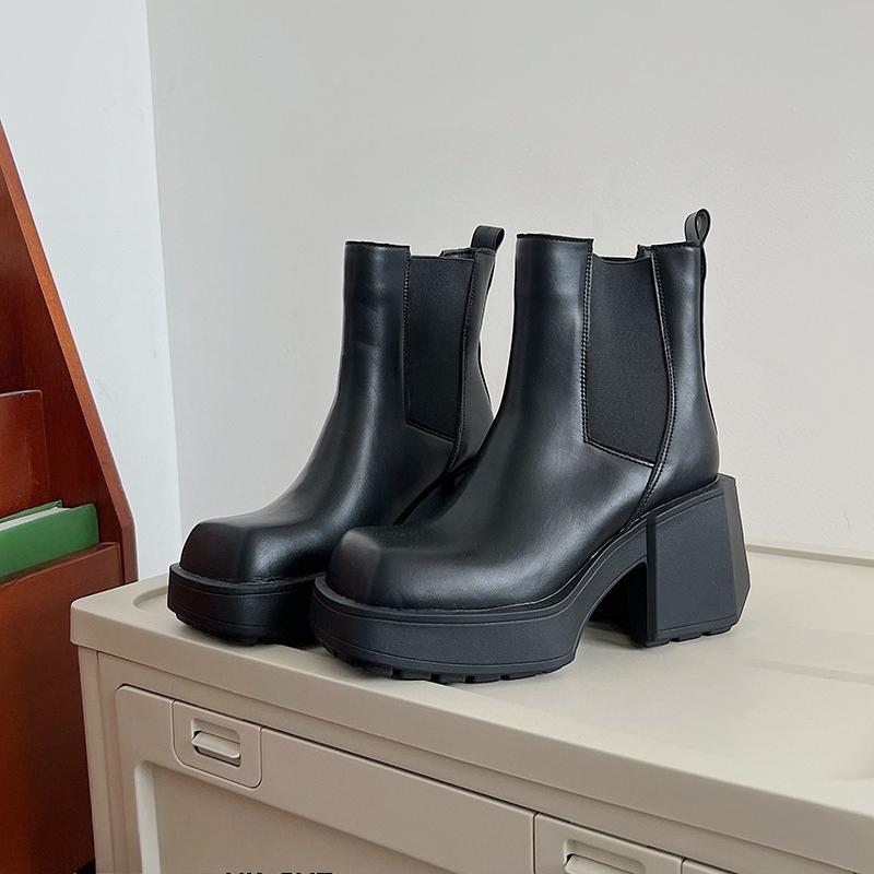 Fashion Four Seasons Block Heel Platform Single Boots Women's Square Toe Side Zip Anti-Slip Wear-Resistant Short Shoes