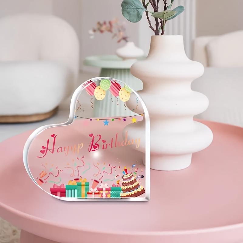 1pc Heart-Shaped Birthday Acrylic Plaque - Table Centerpiece with Pink "Happy Birthday" Cursive Lettering, Balloons & Cake Cutouts