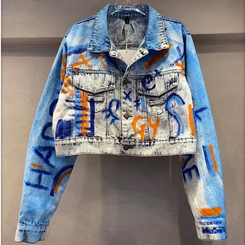 European trendy brand graffiti print denim jacket women's autumn new design heavy industry letter short top