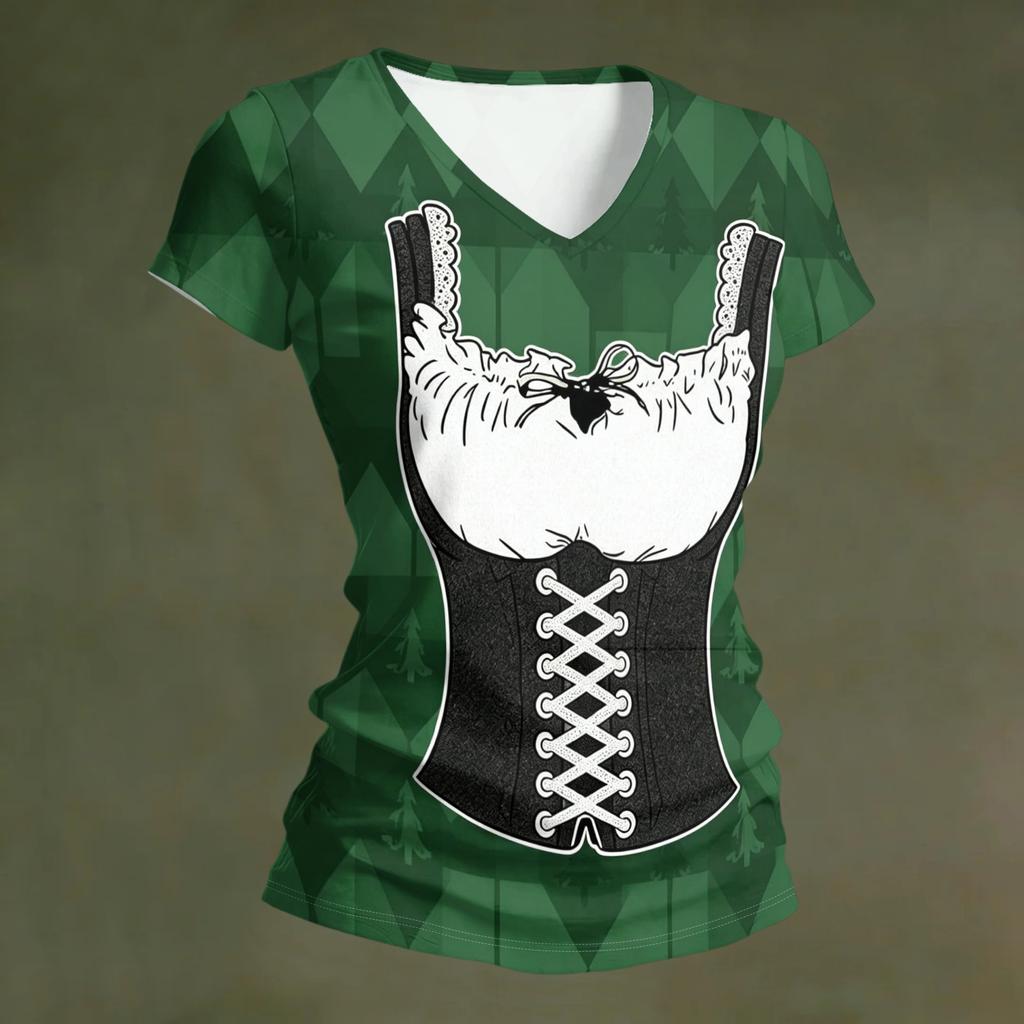 Camiseta casual de manga corta con cuello en V para mujer, top con estampado de Oktoberfest, tejido ligero y suave, ajuste cómodo, camiseta de verano