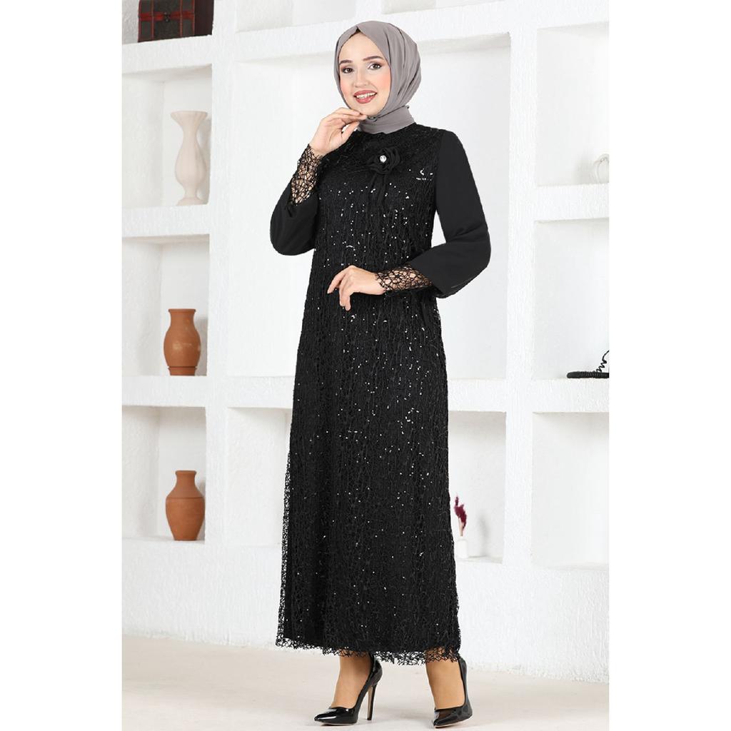 Women's Clothing Evening Dress Fashion Mesh Sequined Rose Hijab Evening Dress 2517 Navy Blue