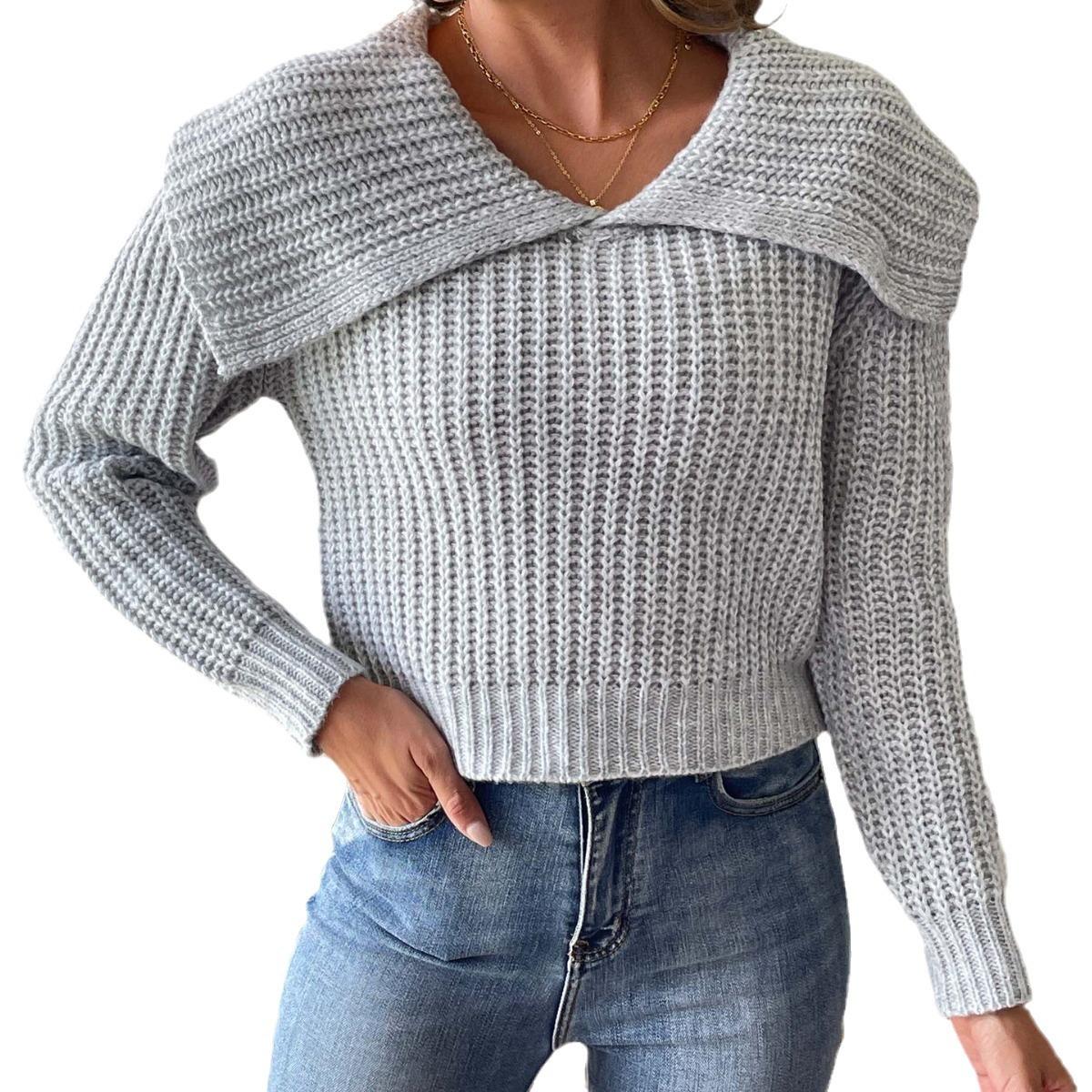 

Женский короткий плетеный свитер, женский новый осенне-зимний свитер с большим лацканом L серый