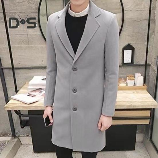 Men Fall Winter Coat Solid Color Lapel Mid Length Long Sleeve Cardigan Single Breasted Anti Wrinkle Business Formal Style Coat